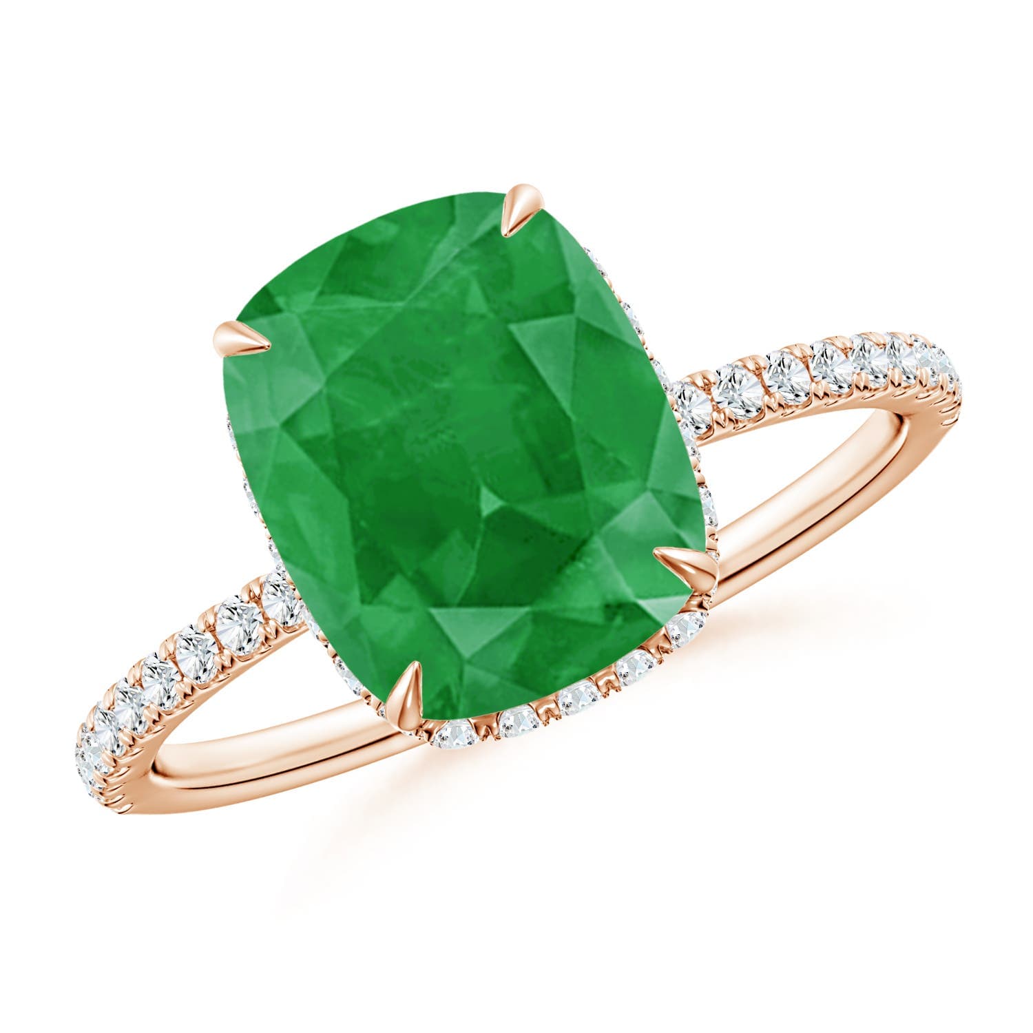 Thin Shank Cushion Emerald Engagement Ring with Diamond Accents