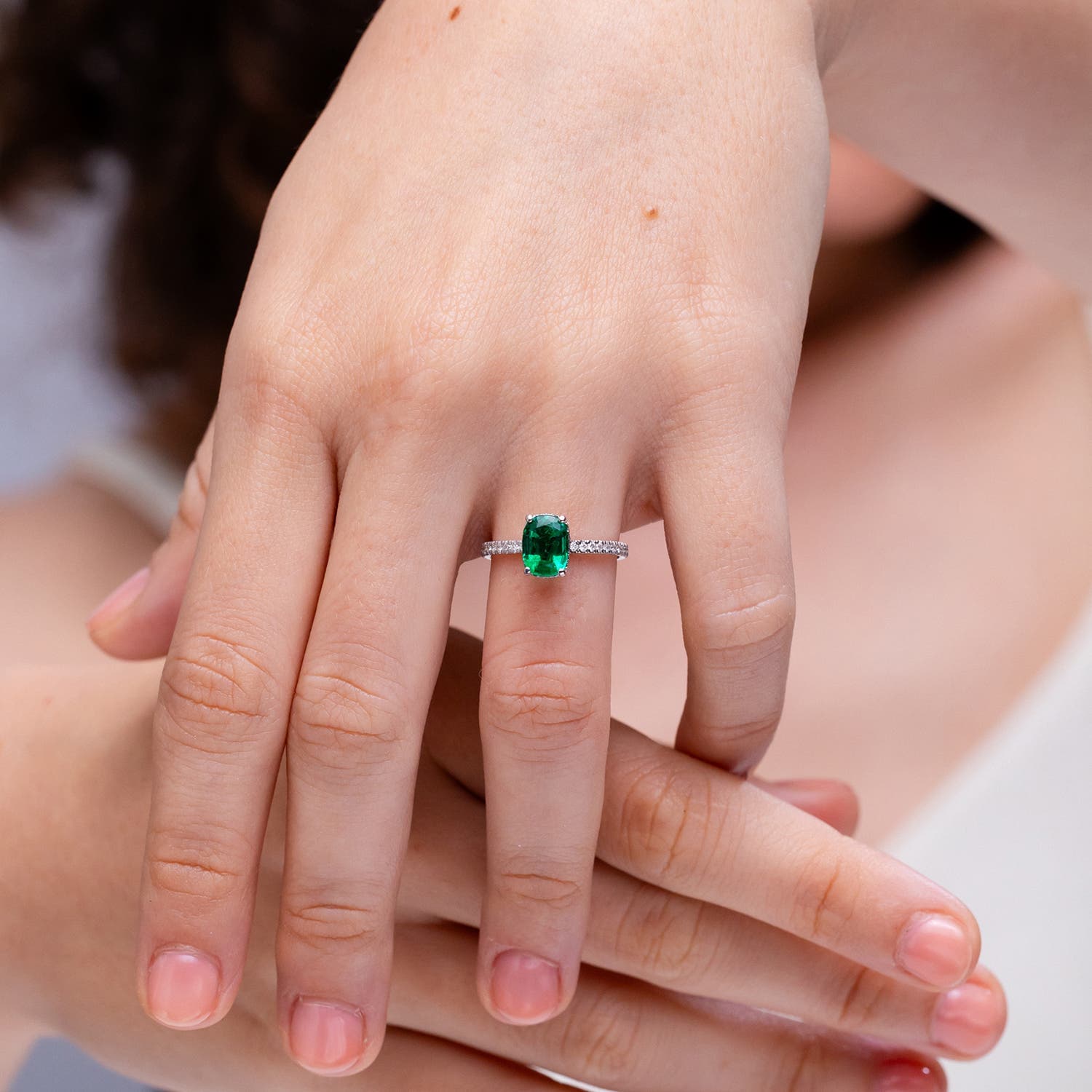 Thin Shank Cushion Emerald Engagement Ring with Diamond Accents