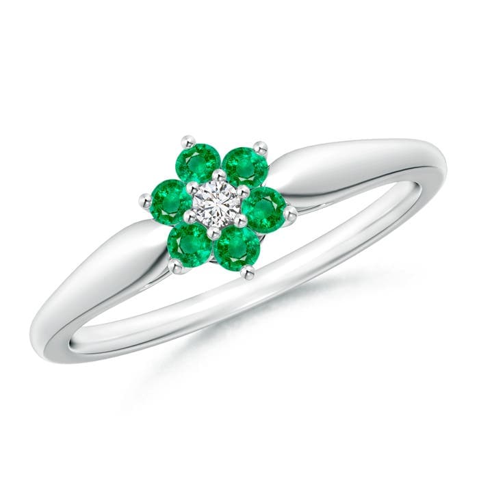 Classic Six Petal Emerald and Diamond Flower Ring