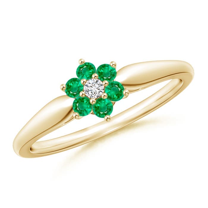 Classic Six Petal Emerald and Diamond Flower Ring