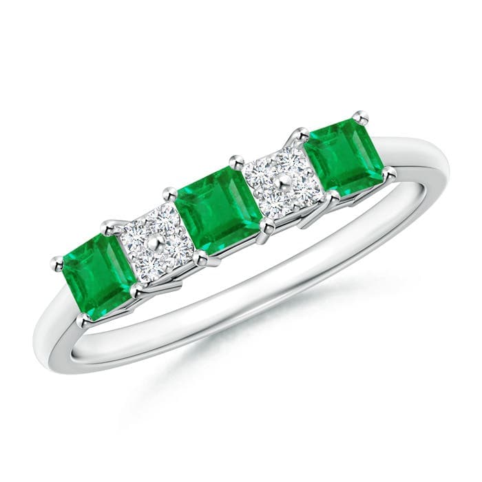 Diamond Cluster and Three Stone Square Emerald Ring