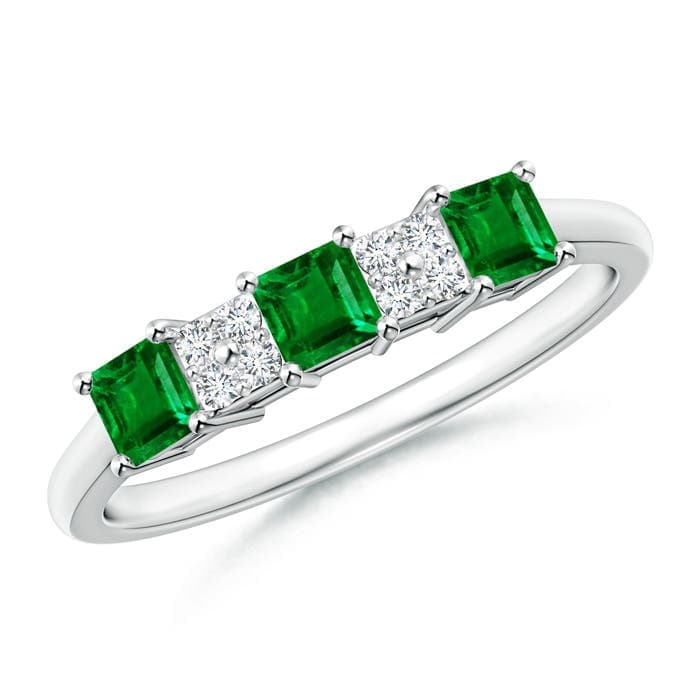 Diamond Cluster and Three Stone Square Emerald Ring