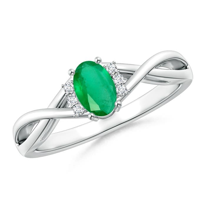 Oval Emerald Crossover Engagement Ring with Diamond Accents