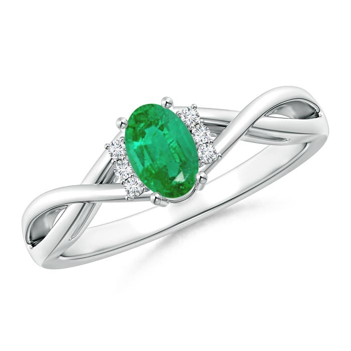 Oval Emerald Crossover Engagement Ring with Diamond Accents