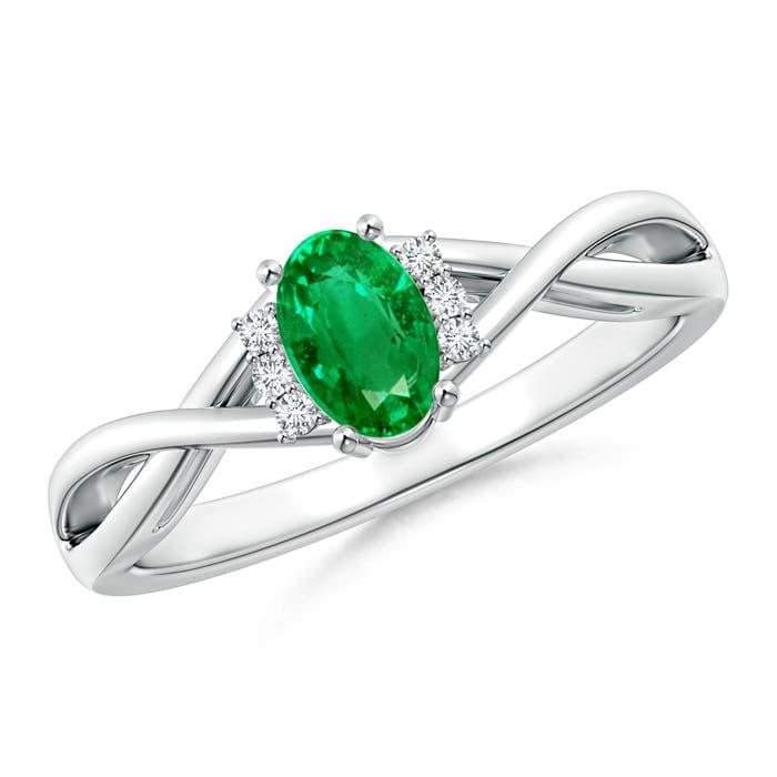 Oval Emerald Crossover Engagement Ring with Diamond Accents