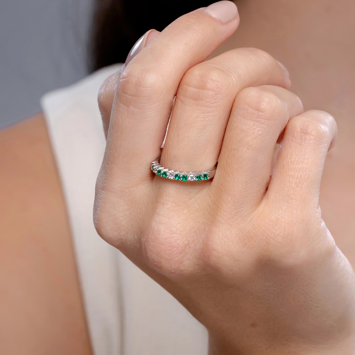 Round Emerald and Diamond Half Eternity Wedding Ring