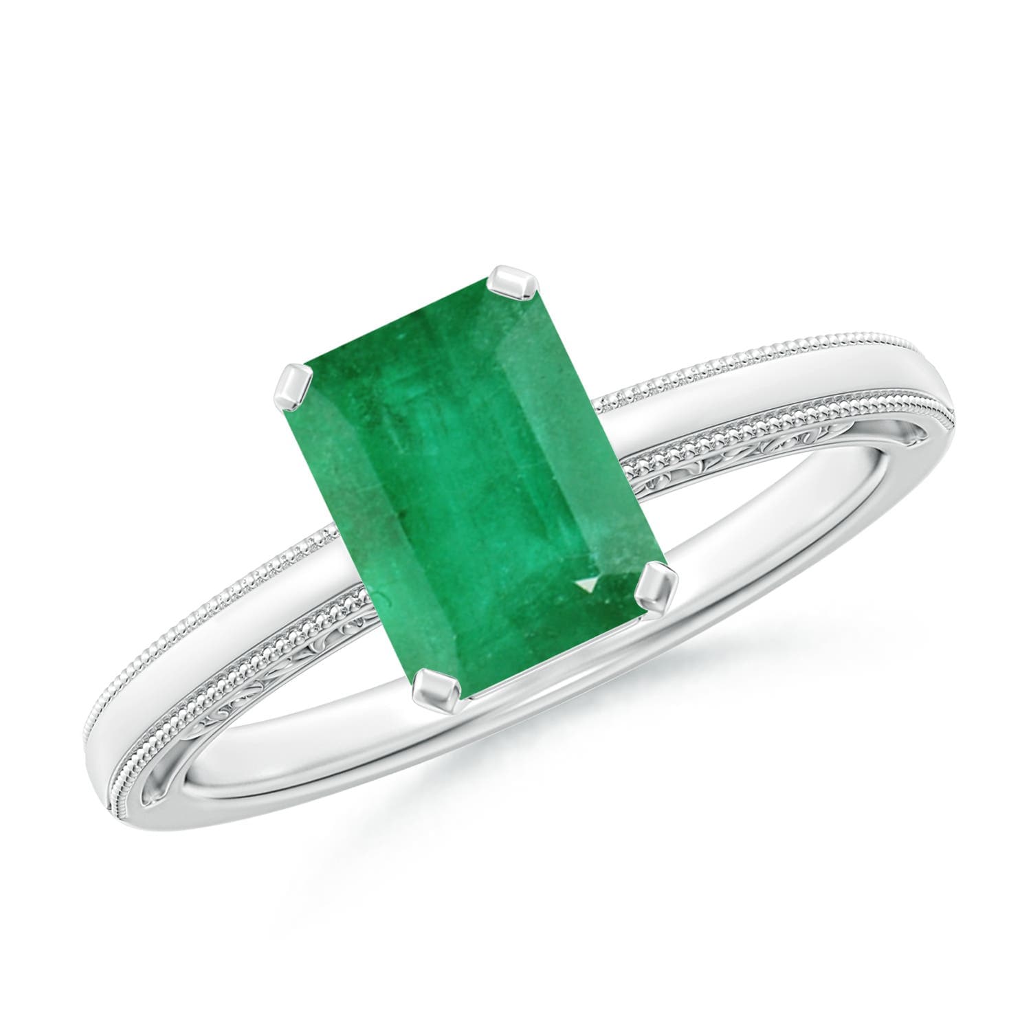 Emerald Cut Emerald Solitaire Engagement Ring with Milgrain