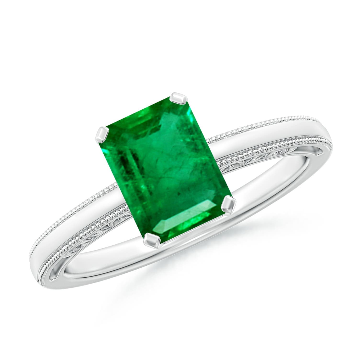 Emerald Cut Emerald Solitaire Engagement Ring with Milgrain