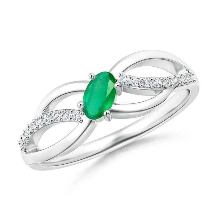 Diagonal Oval Emerald Criss Cross Ring with Diamond Accents