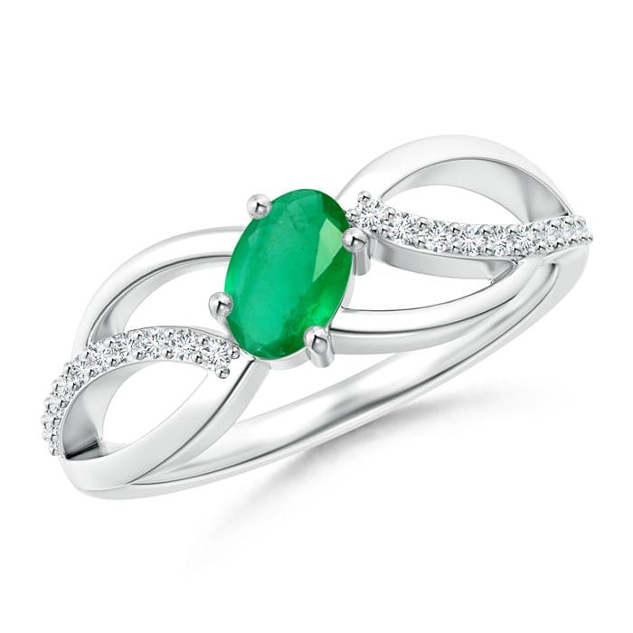 Diagonal Oval Emerald Criss Cross Ring with Diamond Accents