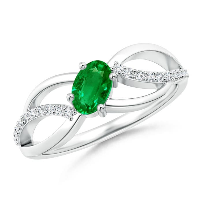 Diagonal Oval Emerald Criss Cross Ring with Diamond Accents