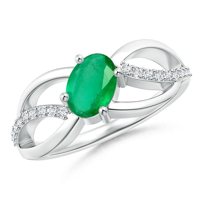 Diagonal Oval Emerald Criss Cross Ring with Diamond Accents