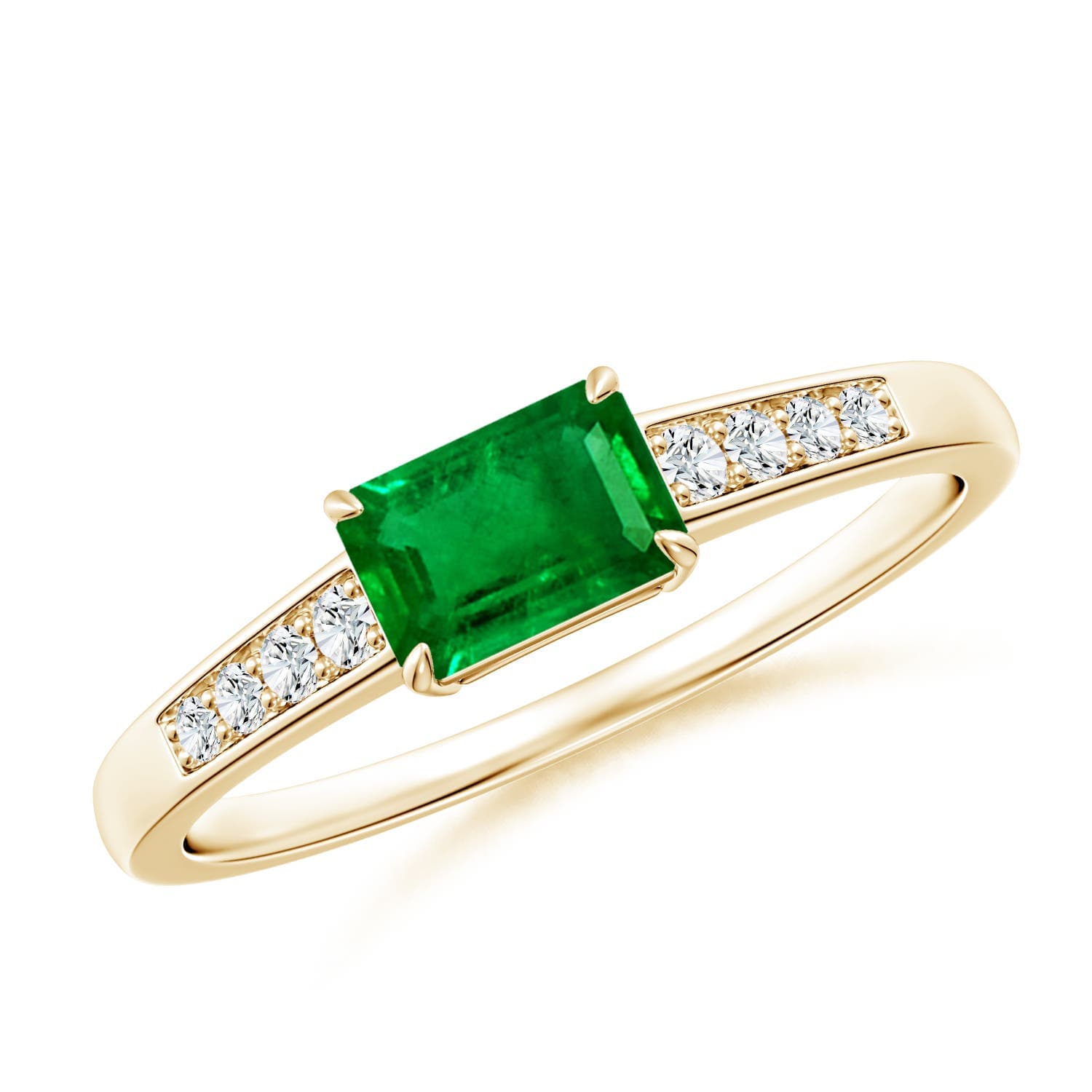 East West Emerald-Cut Emerald Solitaire Engagement Ring with Diamond Accents