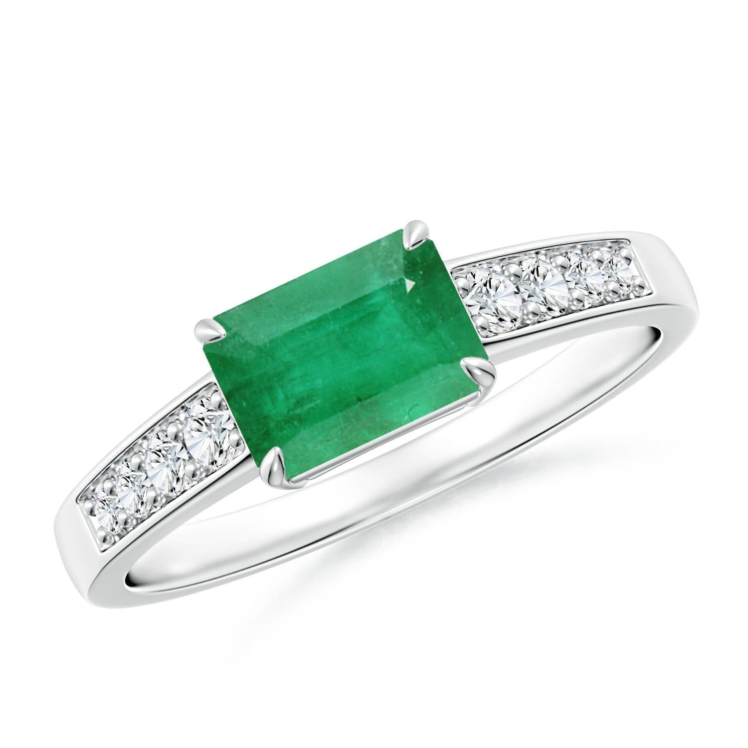 East West Emerald-Cut Emerald Solitaire Engagement Ring with Diamond Accents