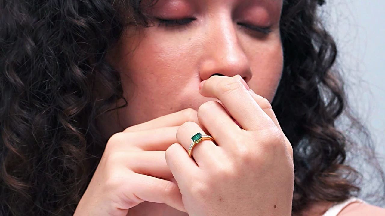 East West Emerald-Cut Emerald Solitaire Engagement Ring with Diamond Accents
