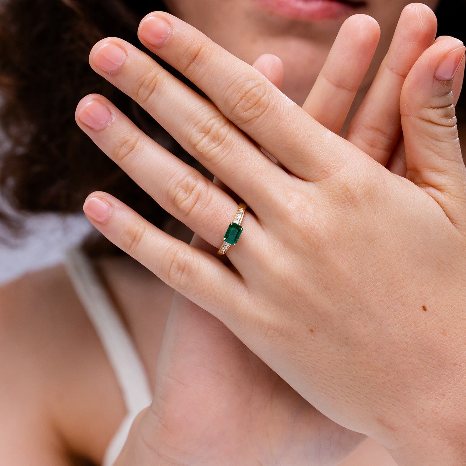 East West Emerald-Cut Emerald Solitaire Engagement Ring with Diamond Accents