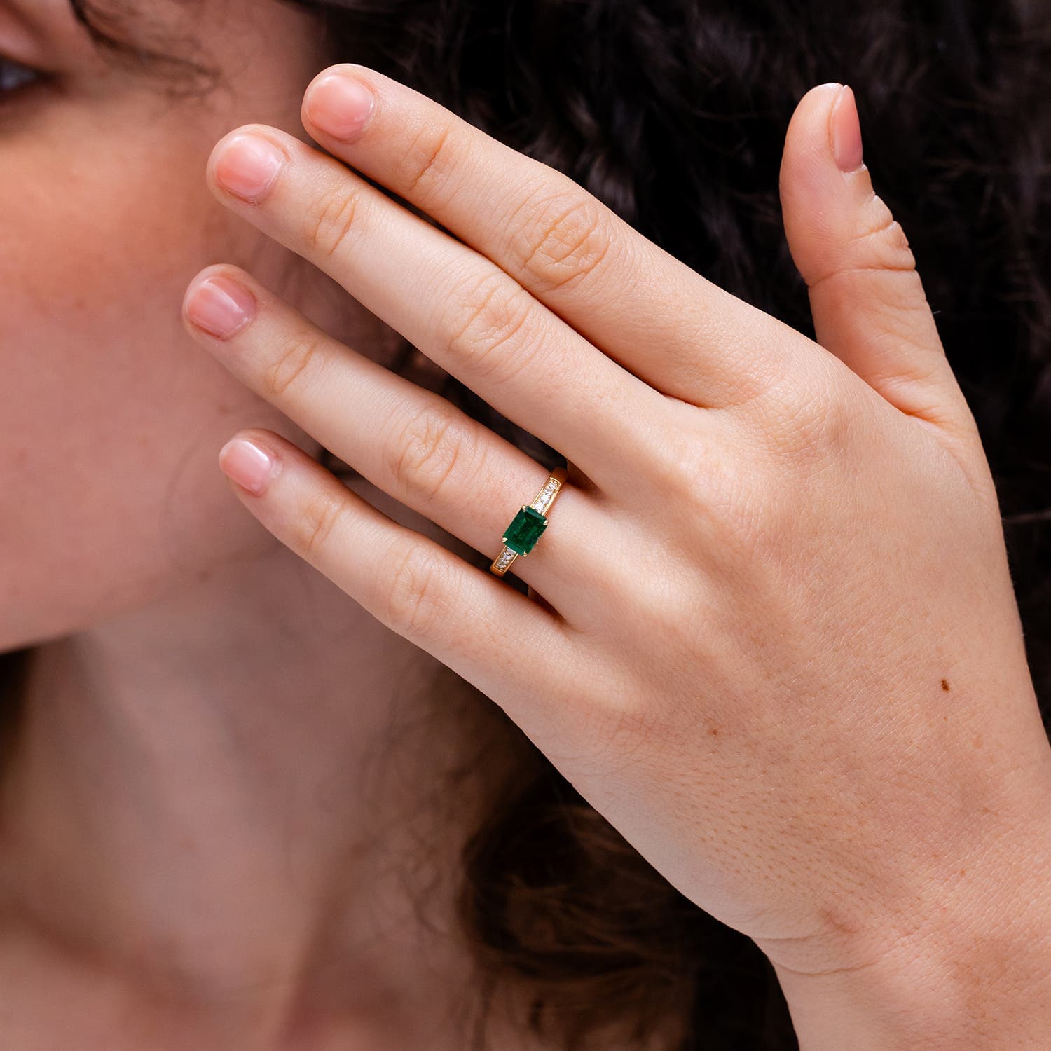 East West Emerald-Cut Emerald Solitaire Engagement Ring with Diamond Accents