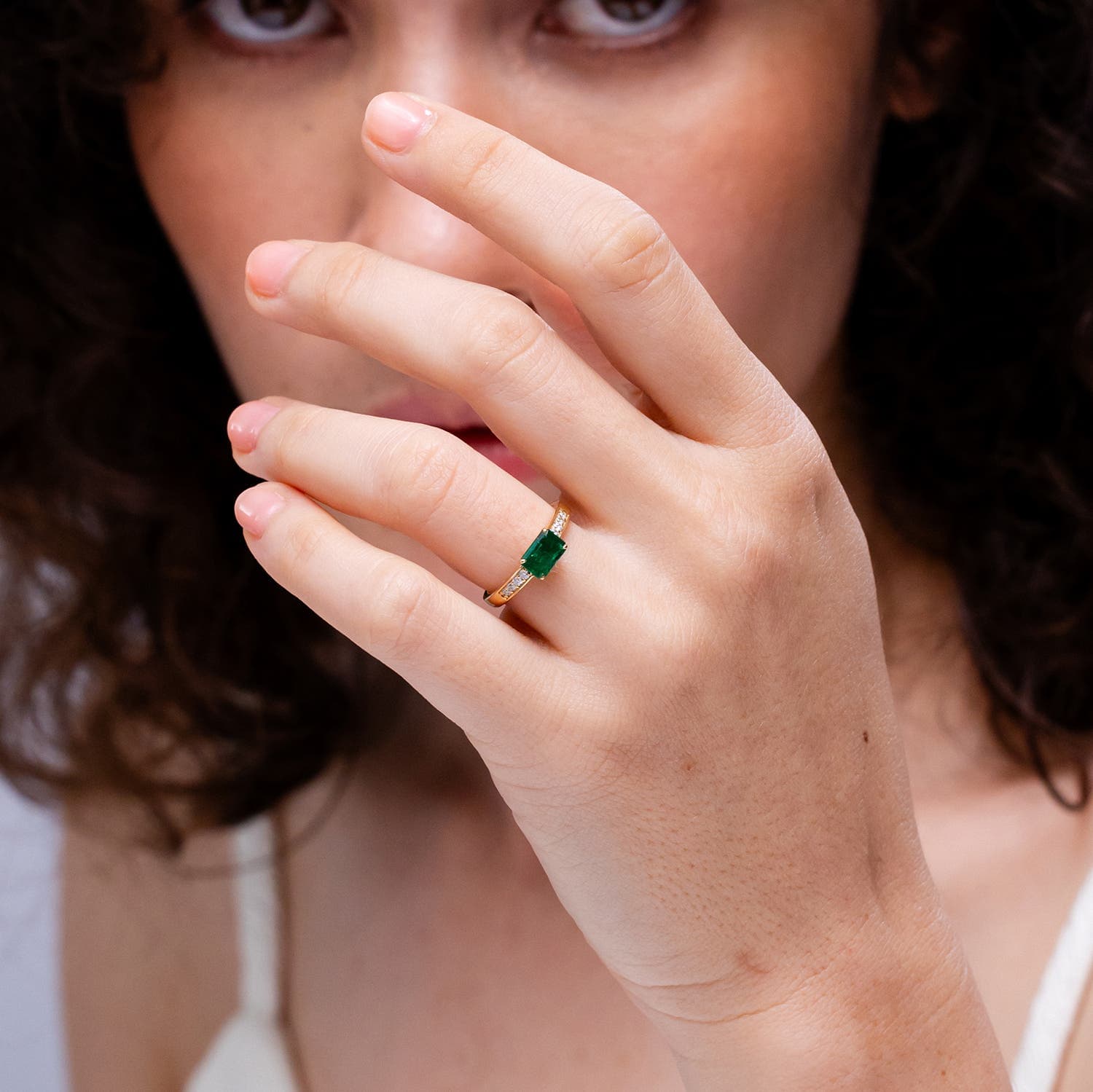 East West Emerald-Cut Emerald Solitaire Engagement Ring with Diamond Accents