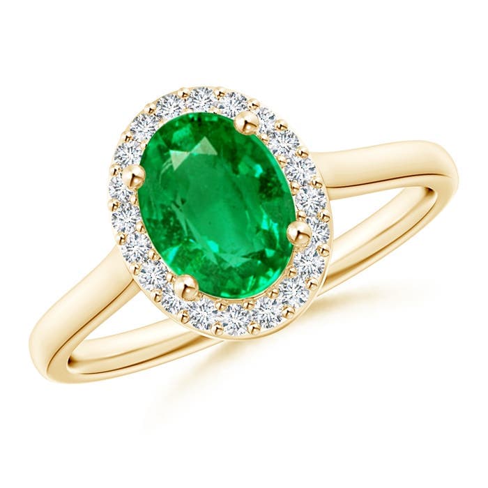 Prong-Set Oval Emerald and Diamond Halo Engagement Ring