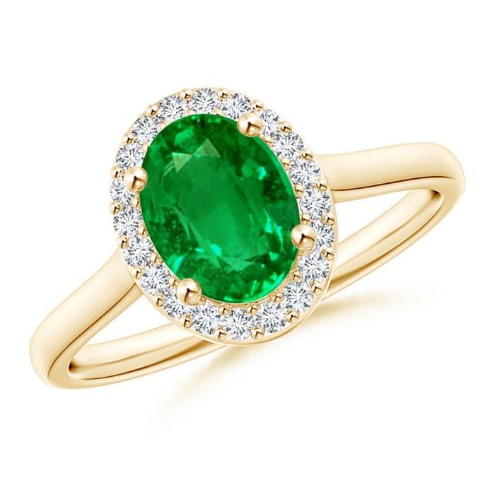 Prong-Set Oval Emerald and Diamond Halo Engagement Ring