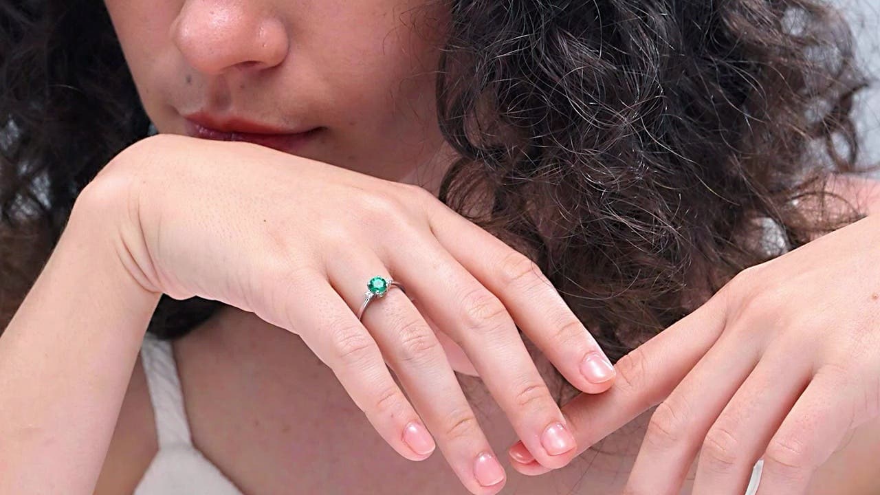 Prong-Set Round 3 Stone Emerald and Diamond Engagement Ring