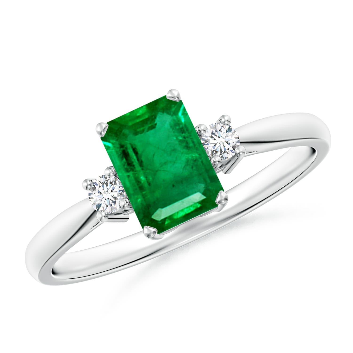 Classic Emerald-Cut Emerald & Round Diamond Three Stone Engagement Ring