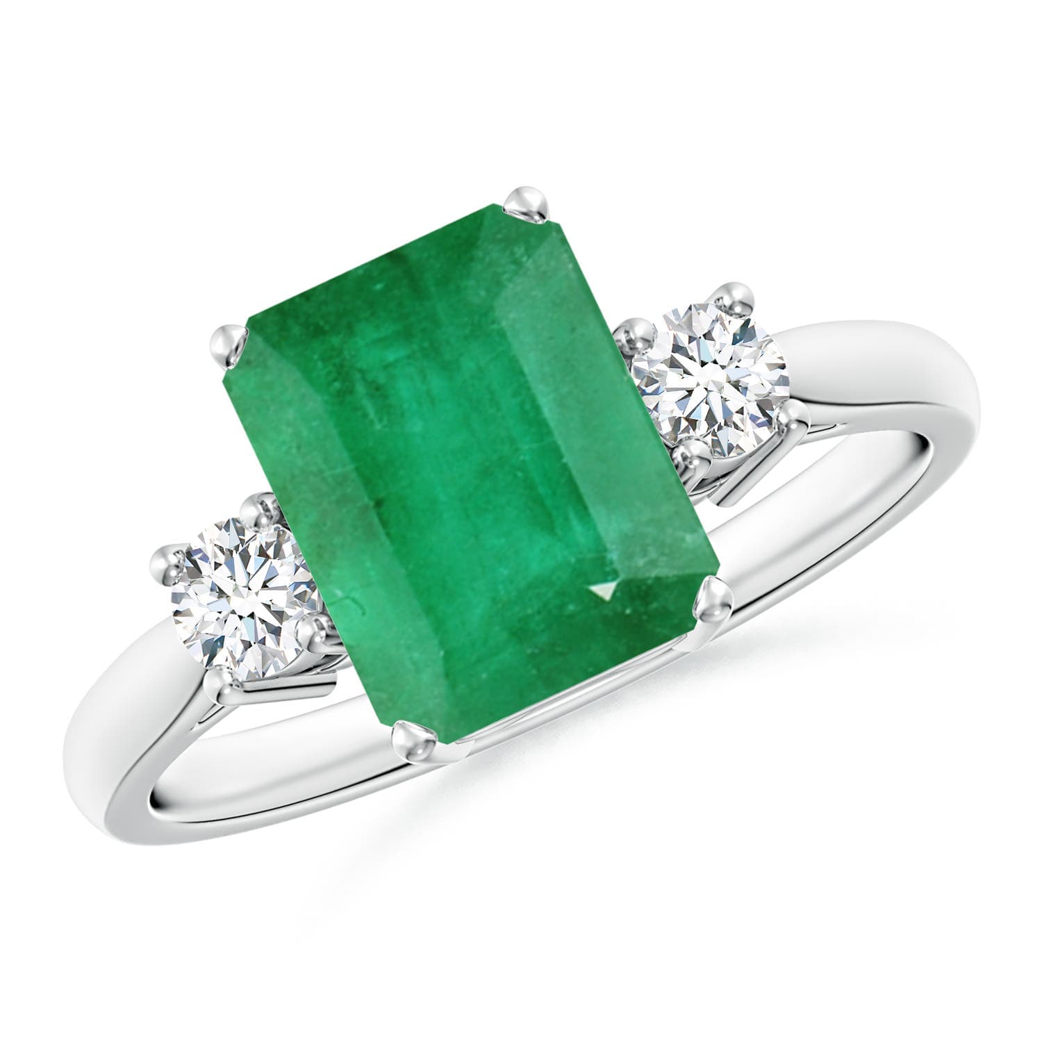 Classic Emerald-Cut Emerald & Round Diamond Three Stone Engagement Ring