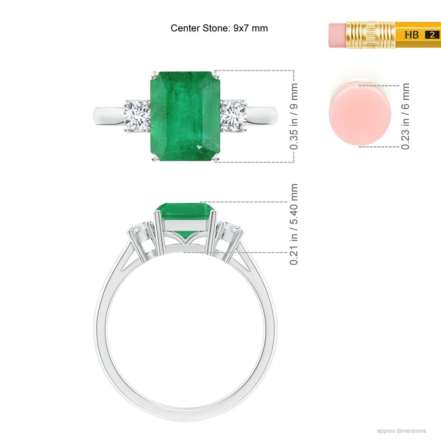 Classic Emerald-Cut Emerald & Round Diamond Three Stone Engagement Ring