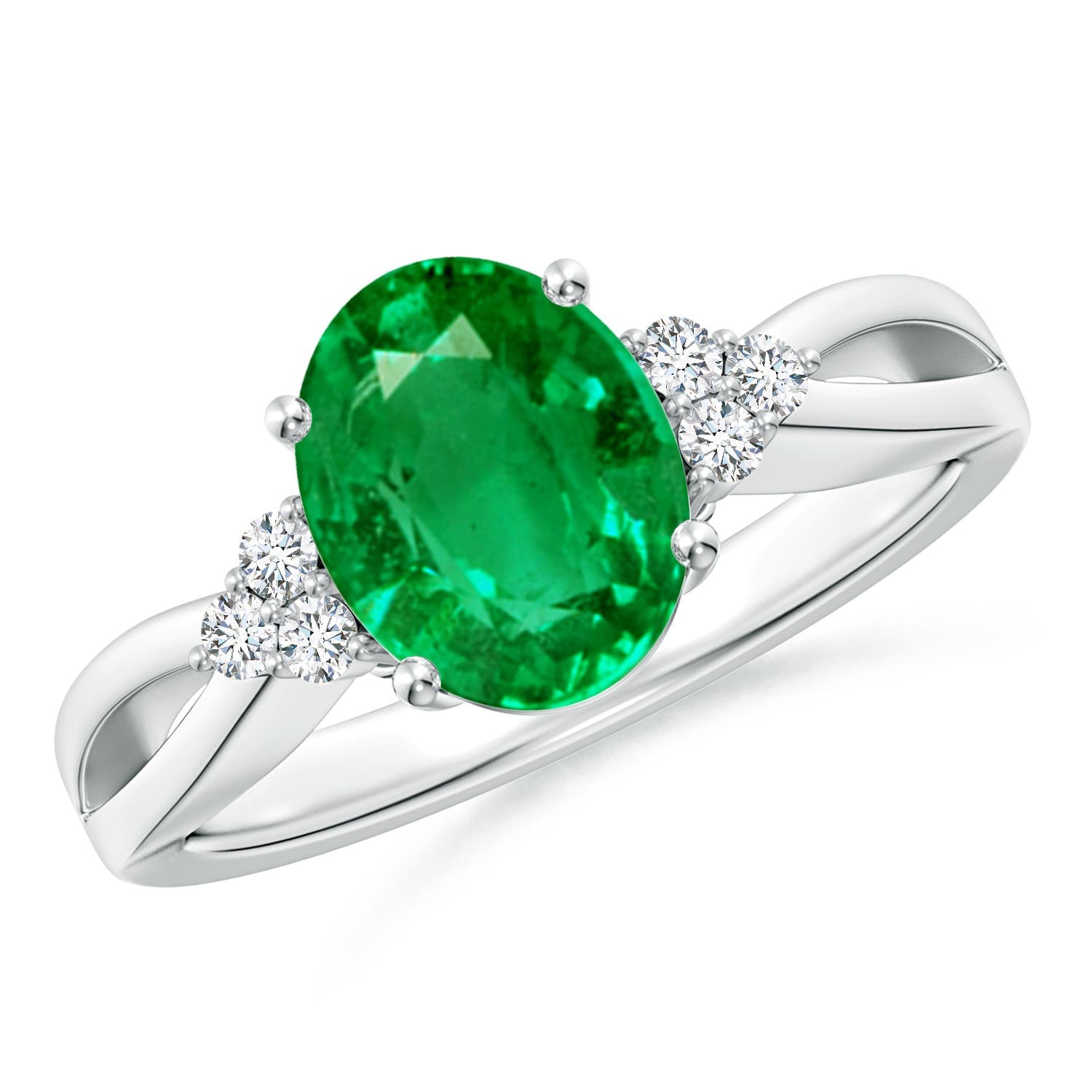 Solitaire Oval Emerald Split Shank Engagement Ring with Trio Diamonds
