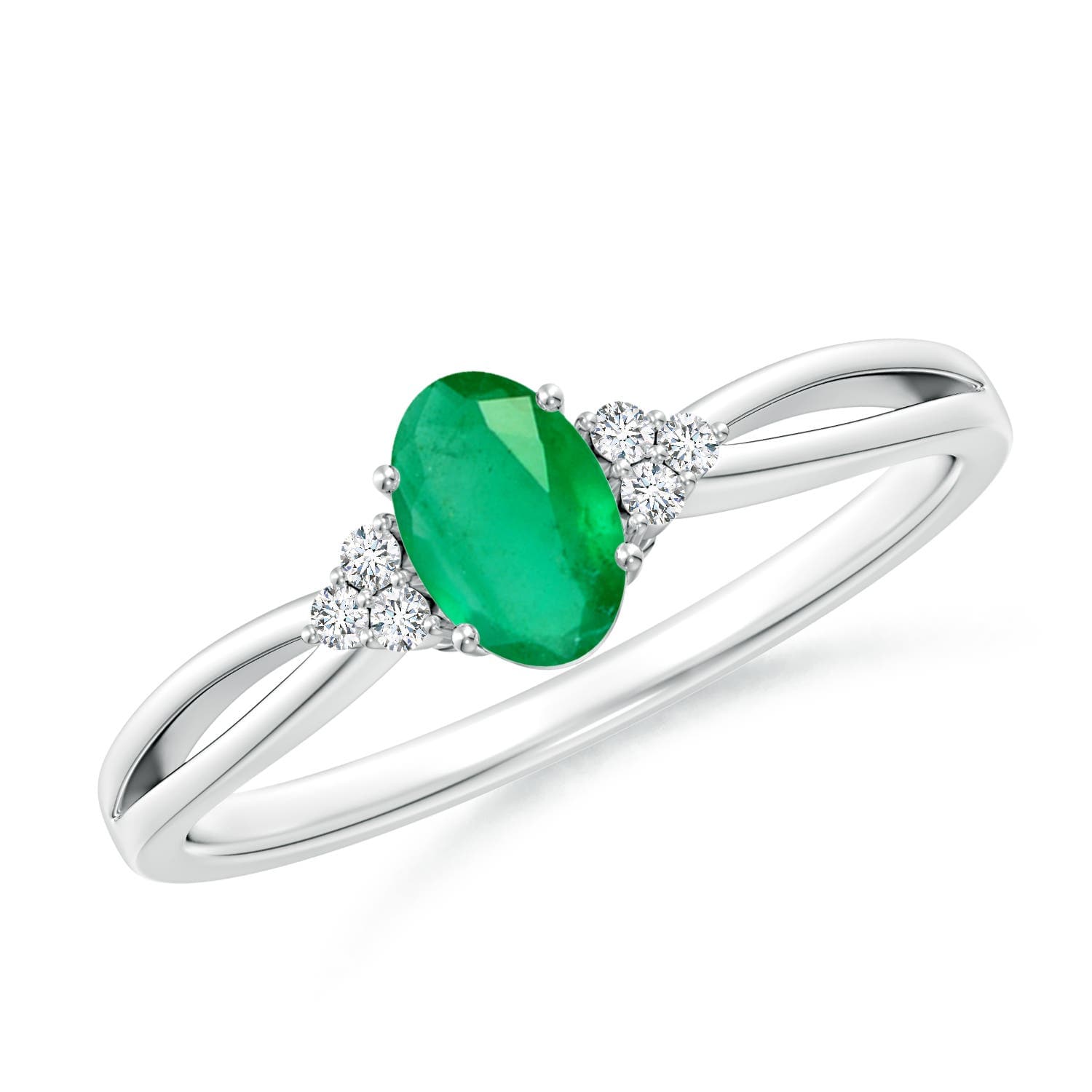 Solitaire Oval Emerald Split Shank Engagement Ring with Trio Diamonds