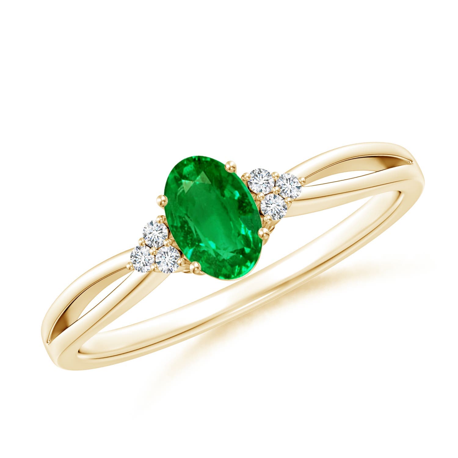 Solitaire Oval Emerald Split Shank Engagement Ring with Trio Diamonds