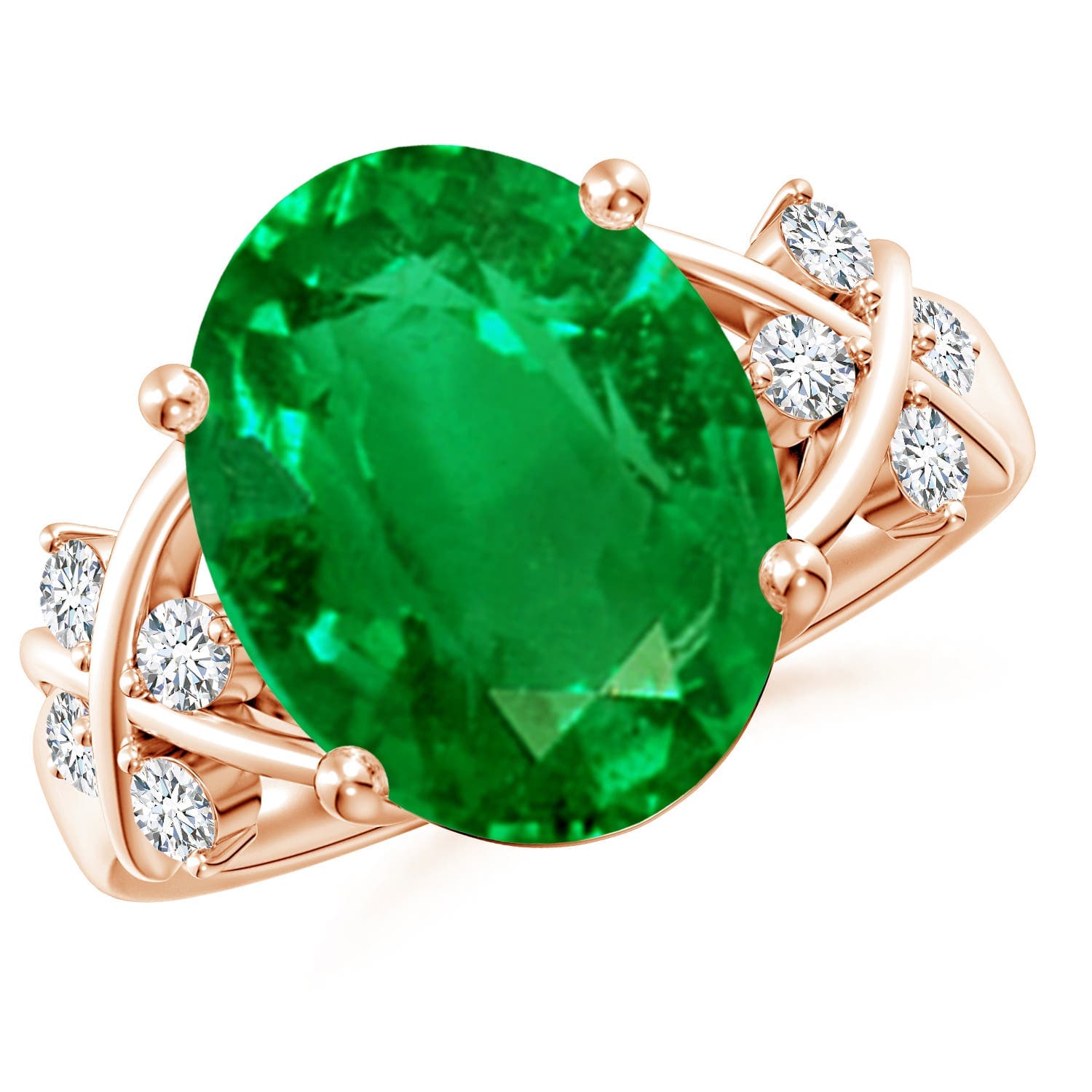 Solitaire Oval Emerald Criss Cross Engagement Ring with Diamonds