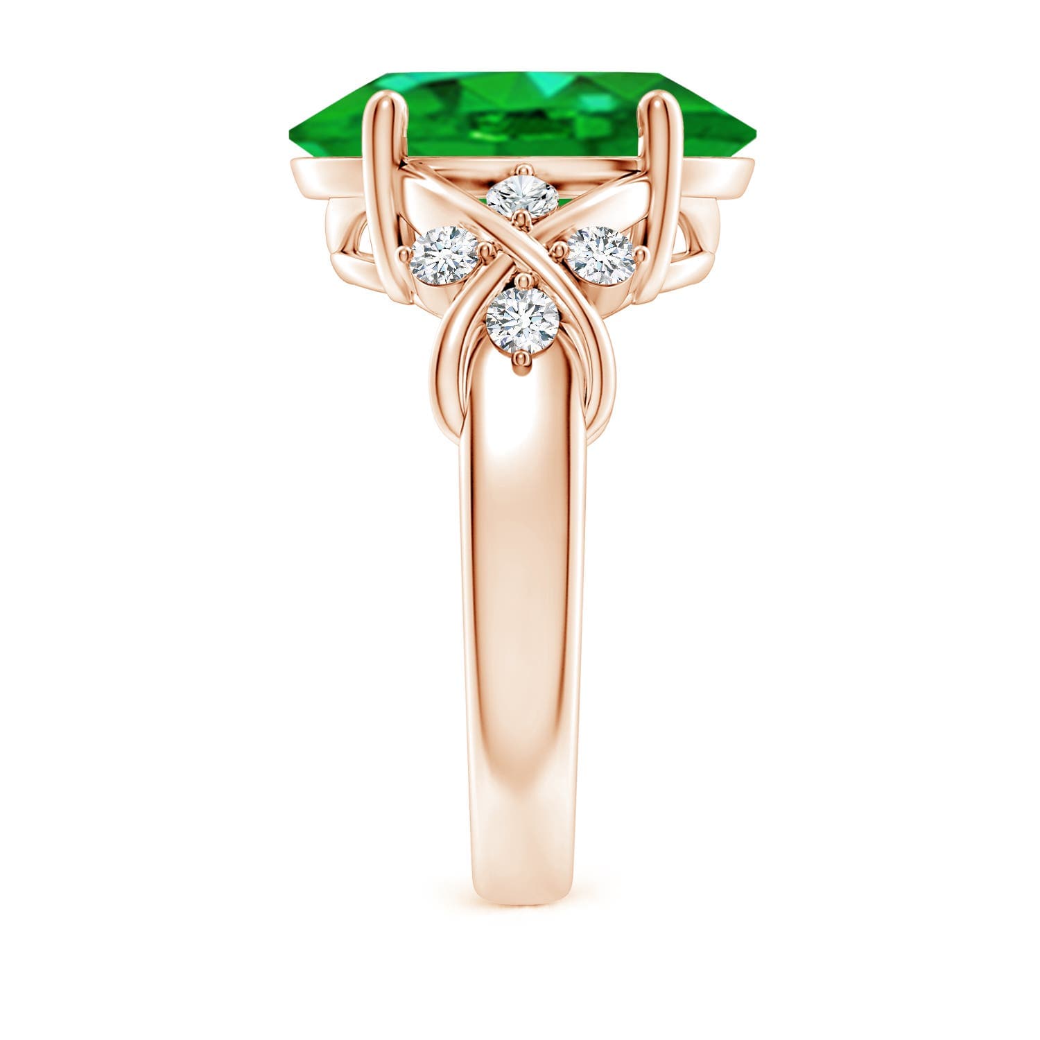 Solitaire Oval Emerald Criss Cross Engagement Ring with Diamonds