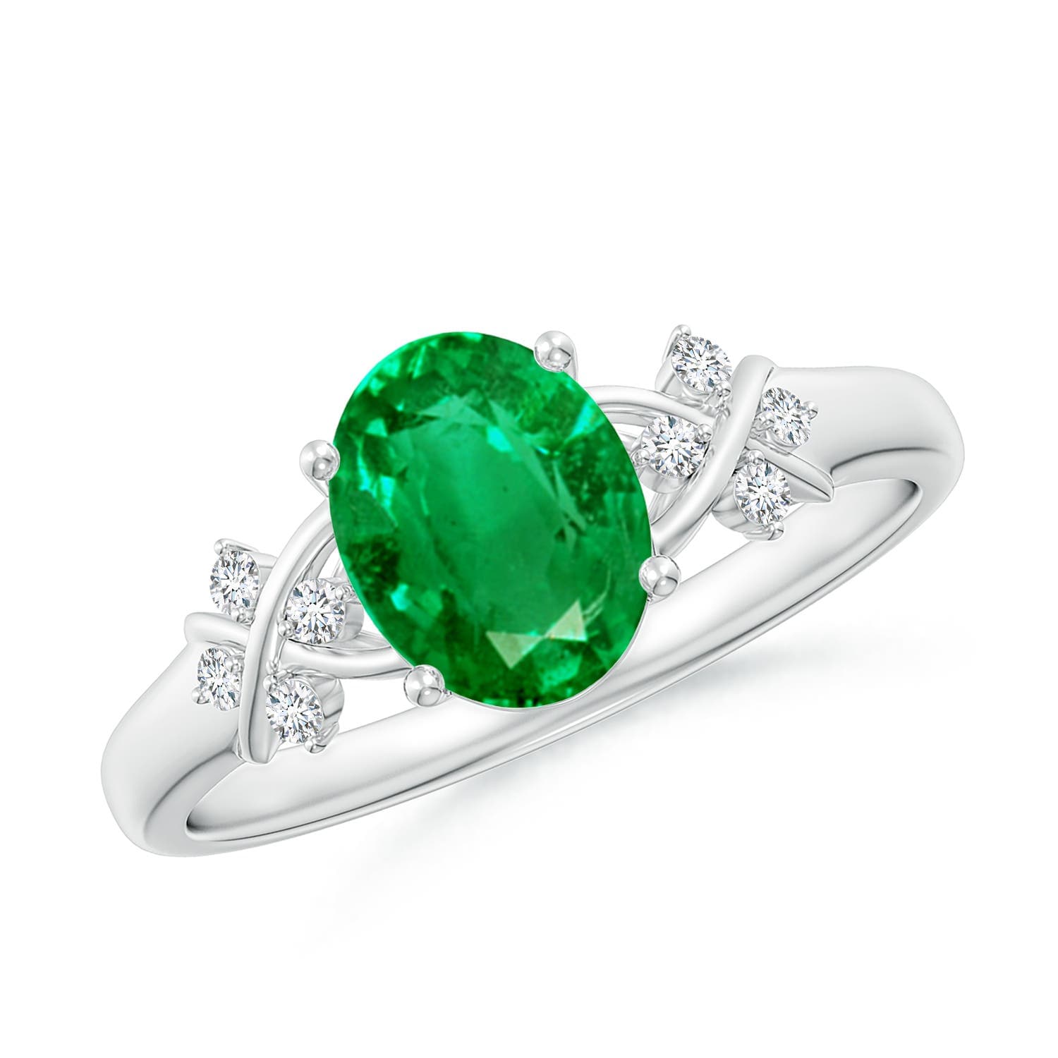 Solitaire Oval Emerald Criss Cross Engagement Ring with Diamonds