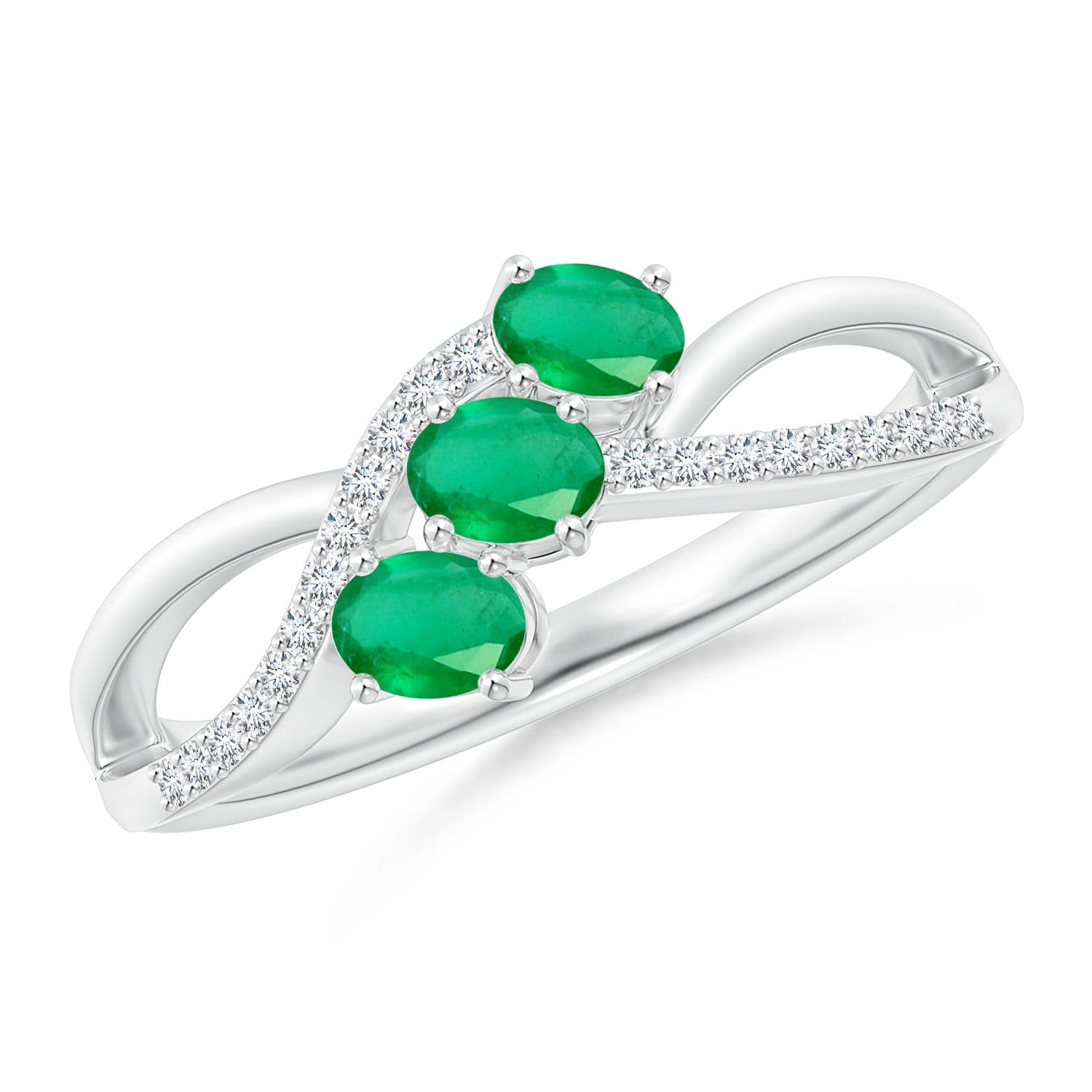 Oval Emerald Three Stone Bypass Ring with Diamonds