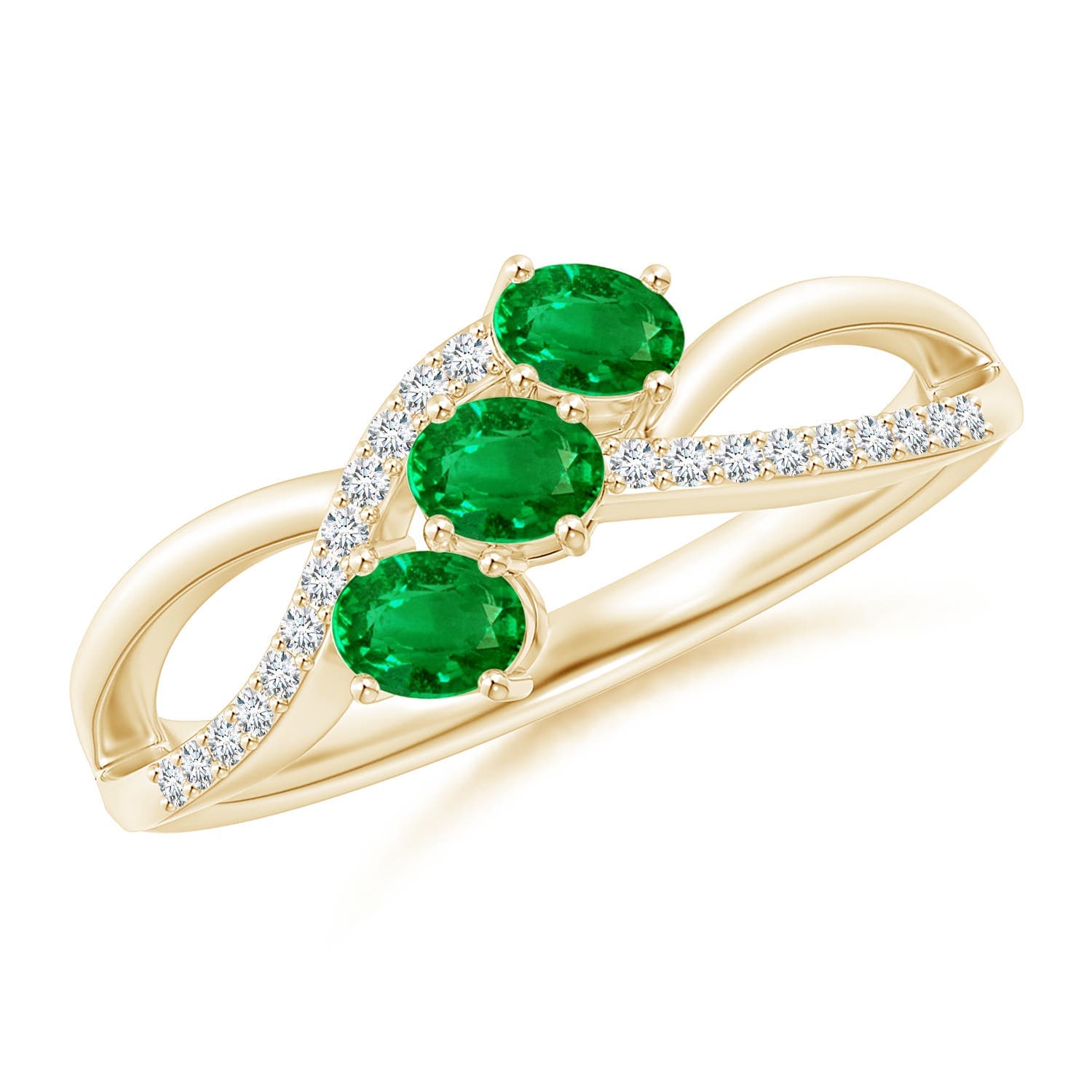 Oval Emerald Three Stone Bypass Ring with Diamonds
