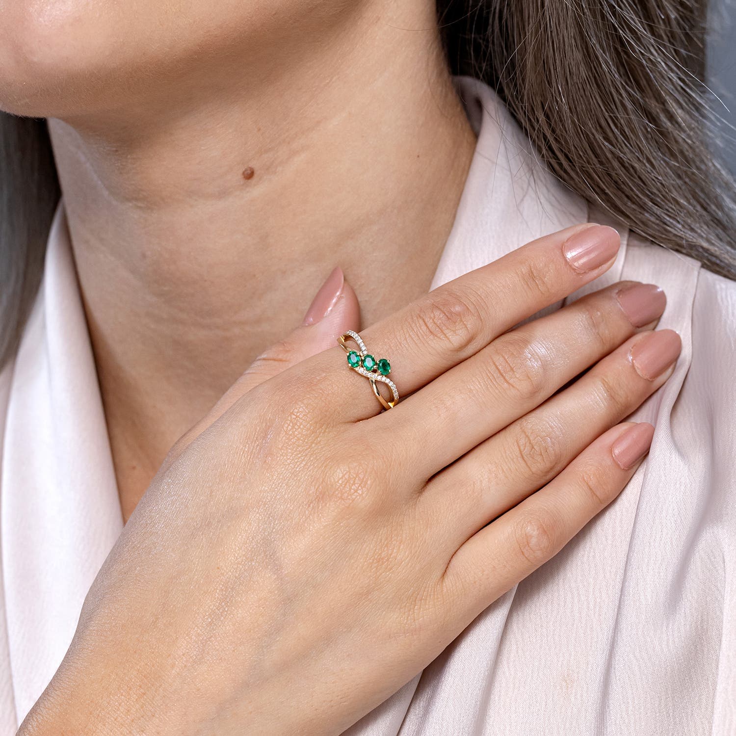 Oval Emerald Three Stone Bypass Ring with Diamonds