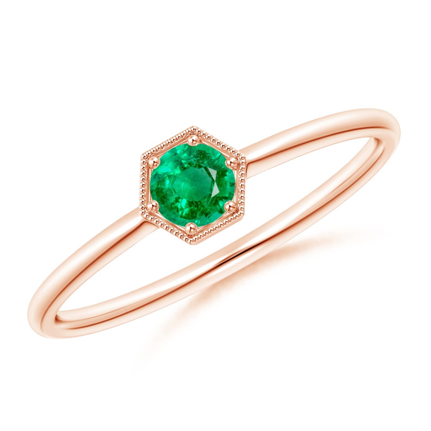 Pavé Set Emerald Hexagon Solitaire Ring with Milgrain
