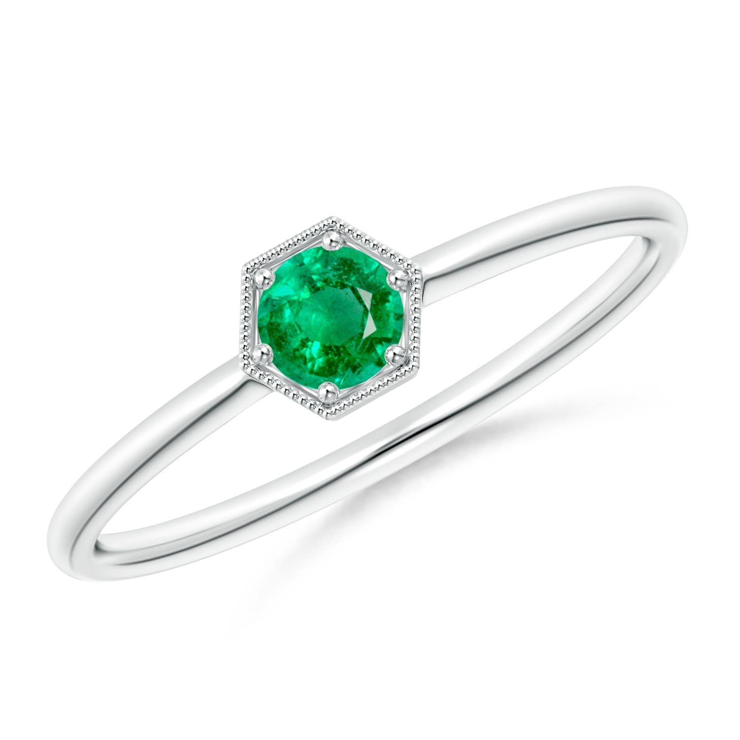 Pavé Set Emerald Hexagon Solitaire Ring with Milgrain