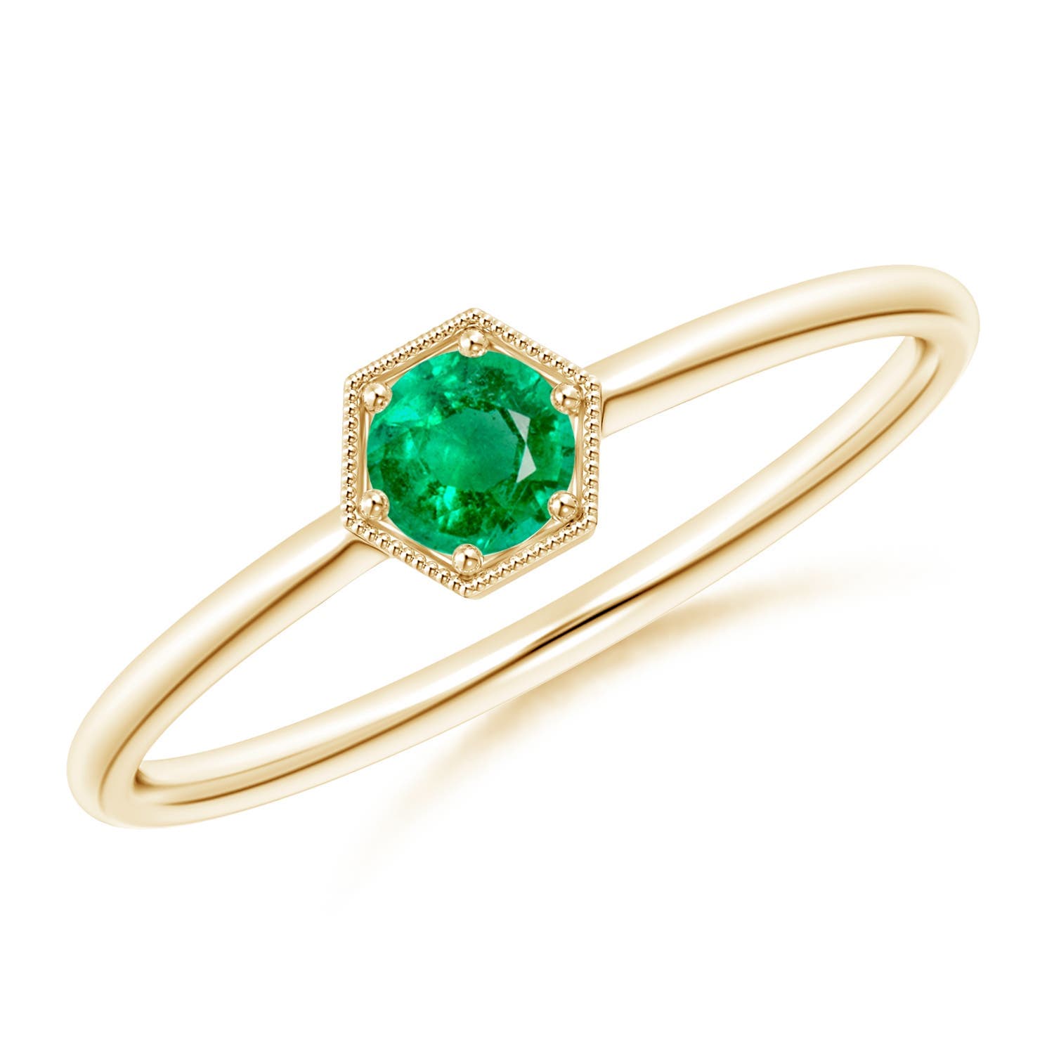 Pavé Set Emerald Hexagon Solitaire Ring with Milgrain