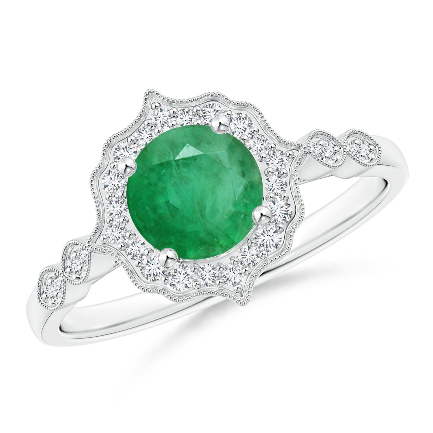 Vintage Inspired Round Emerald Engagement Ring with Ornate Halo