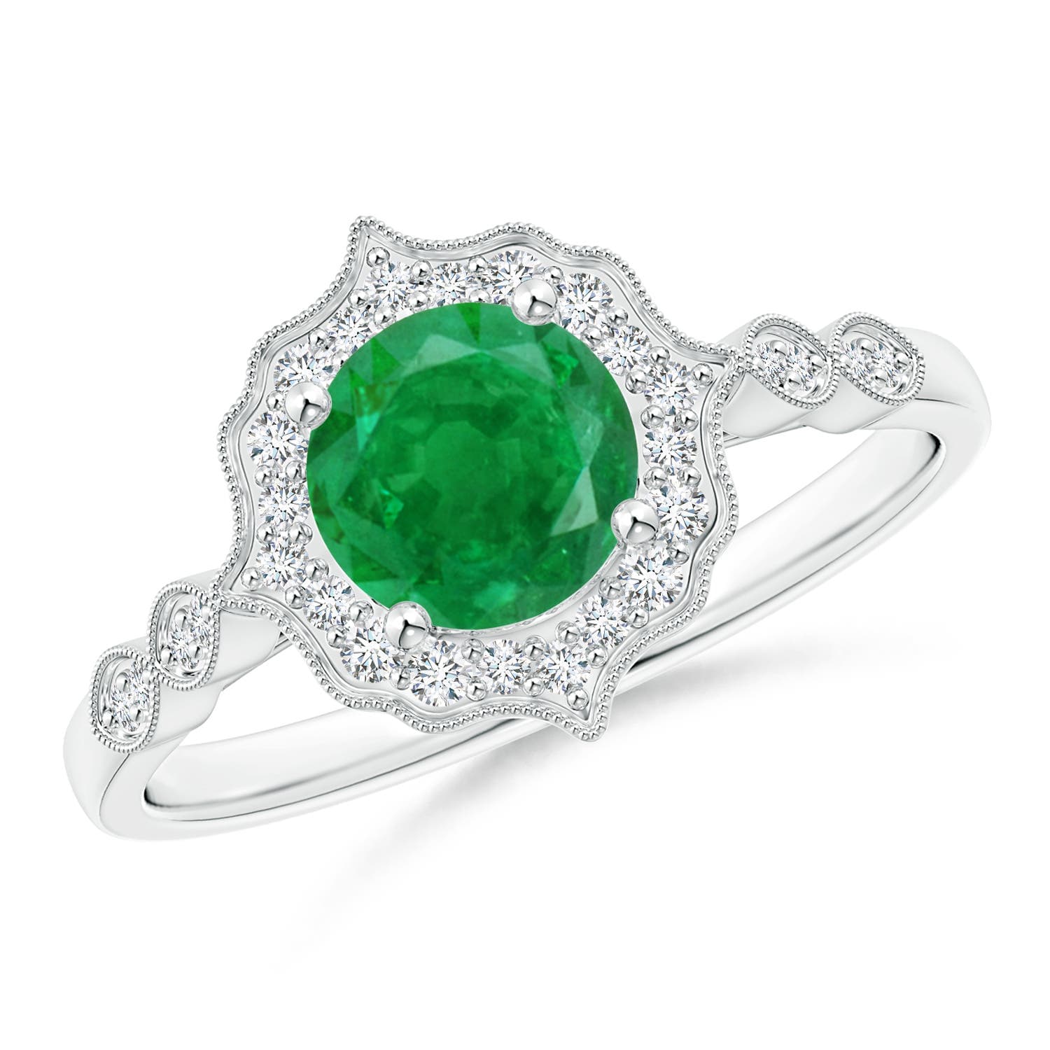 Vintage Inspired Round Emerald Engagement Ring with Ornate Halo