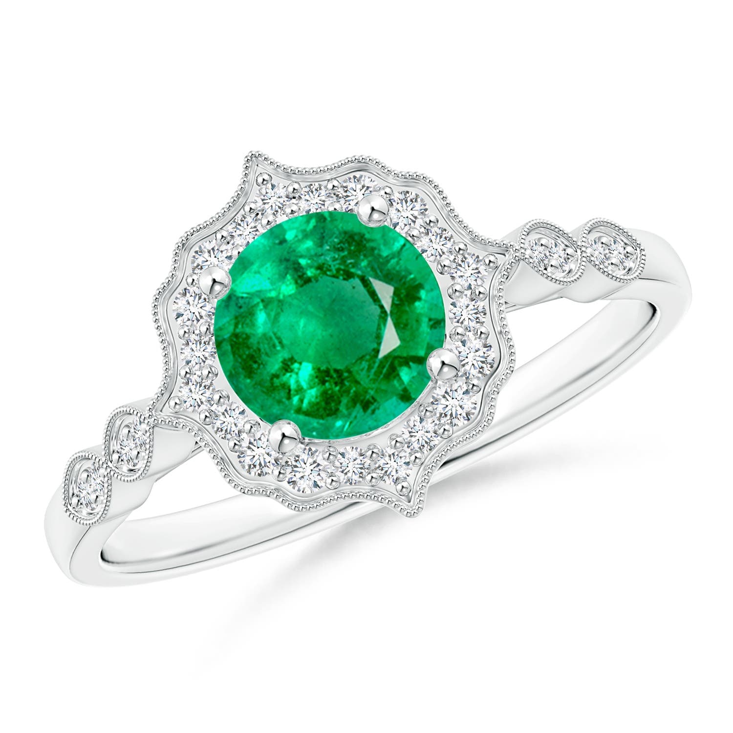 Vintage Inspired Round Emerald Engagement Ring with Ornate Halo