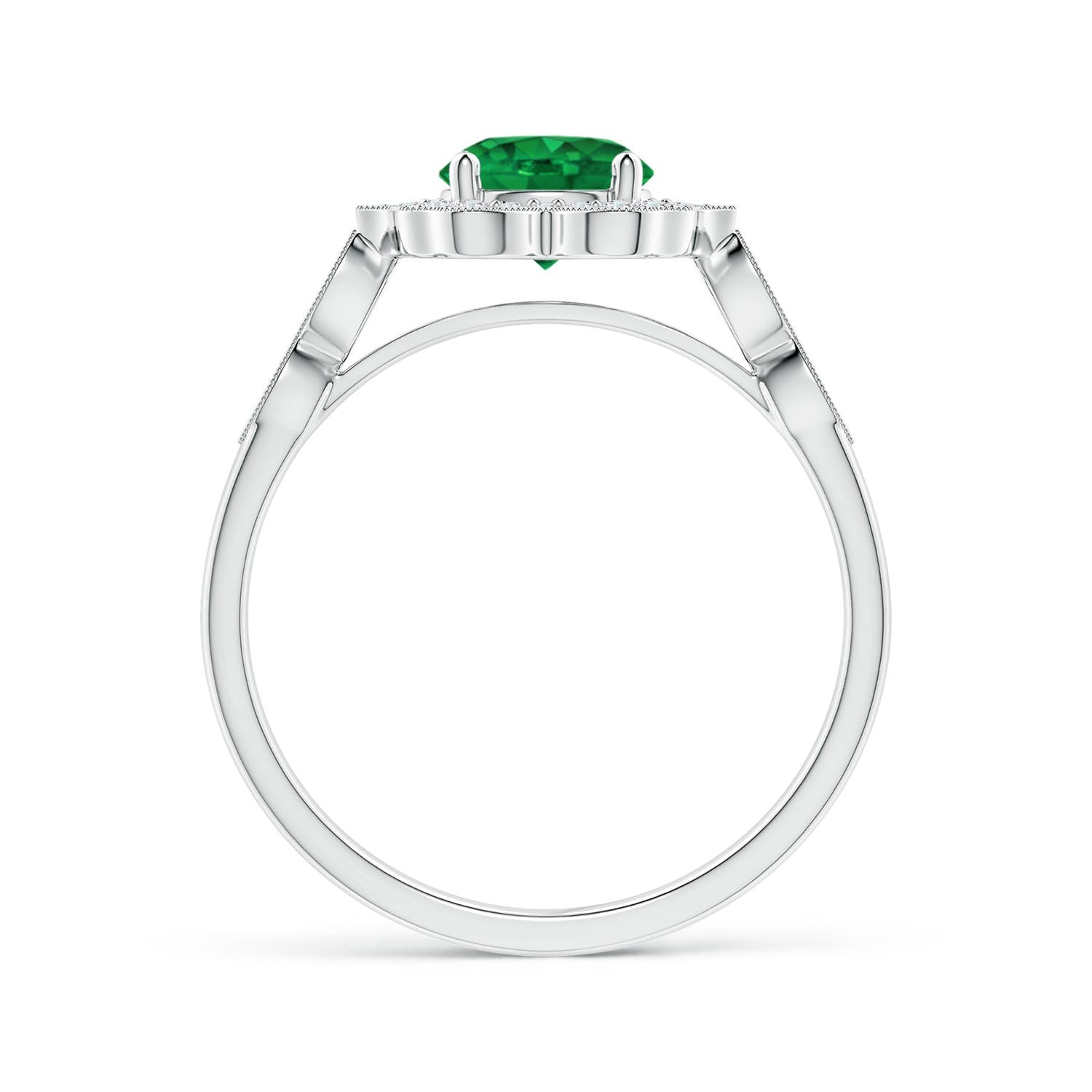 Vintage Inspired Round Emerald Engagement Ring with Ornate Halo