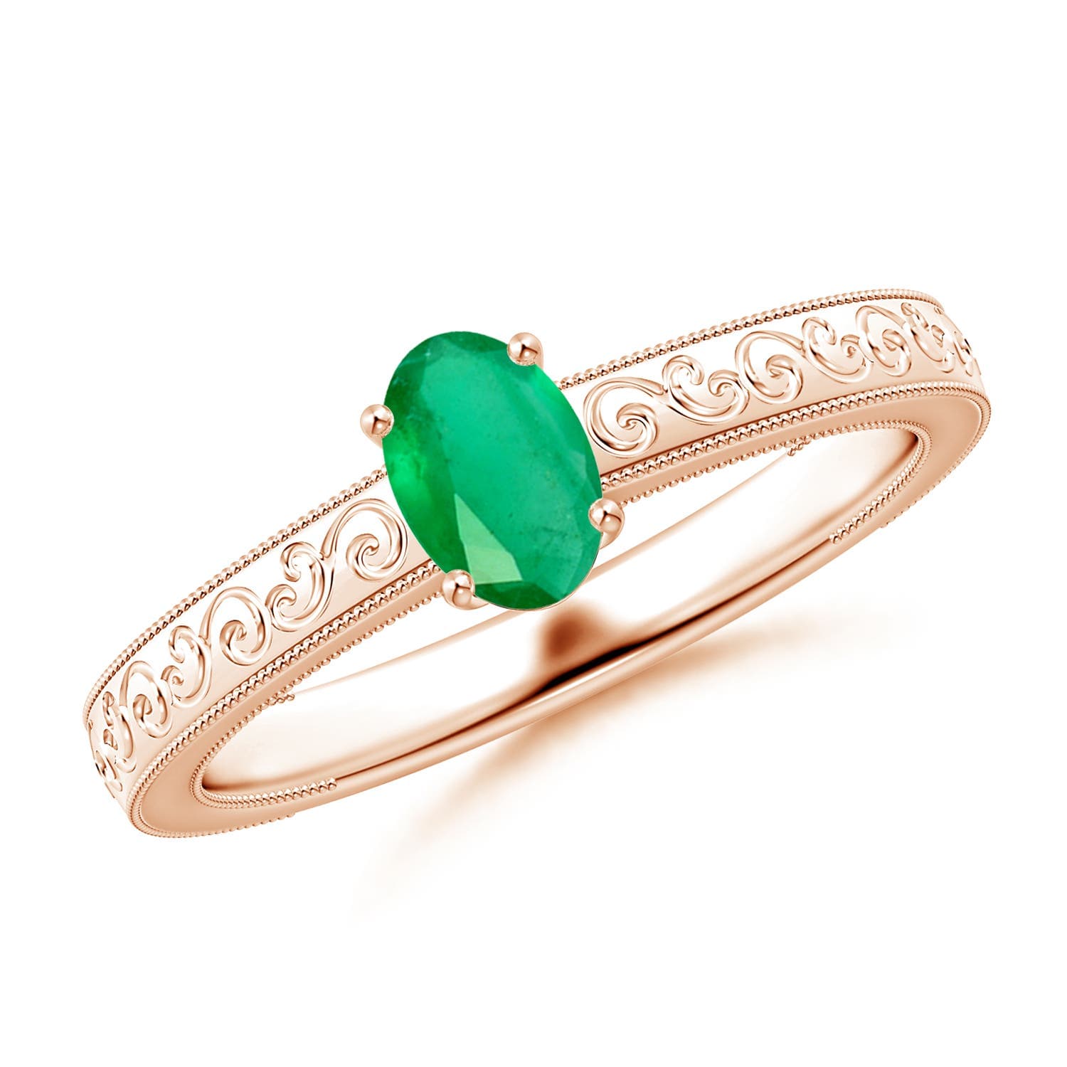 Vintage Inspired Oval Emerald Engagement Ring with Engraved Shank