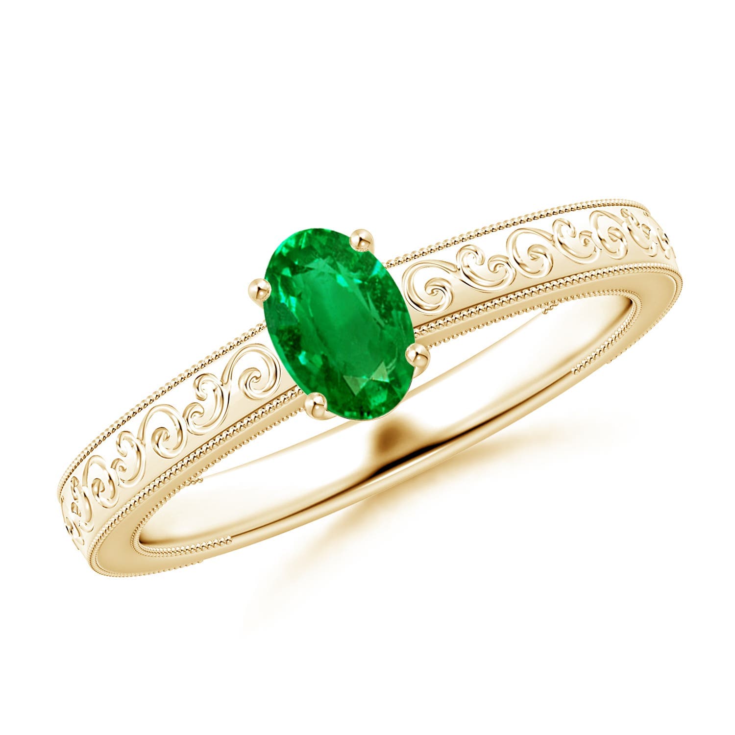 Vintage Inspired Oval Emerald Engagement Ring with Engraved Shank
