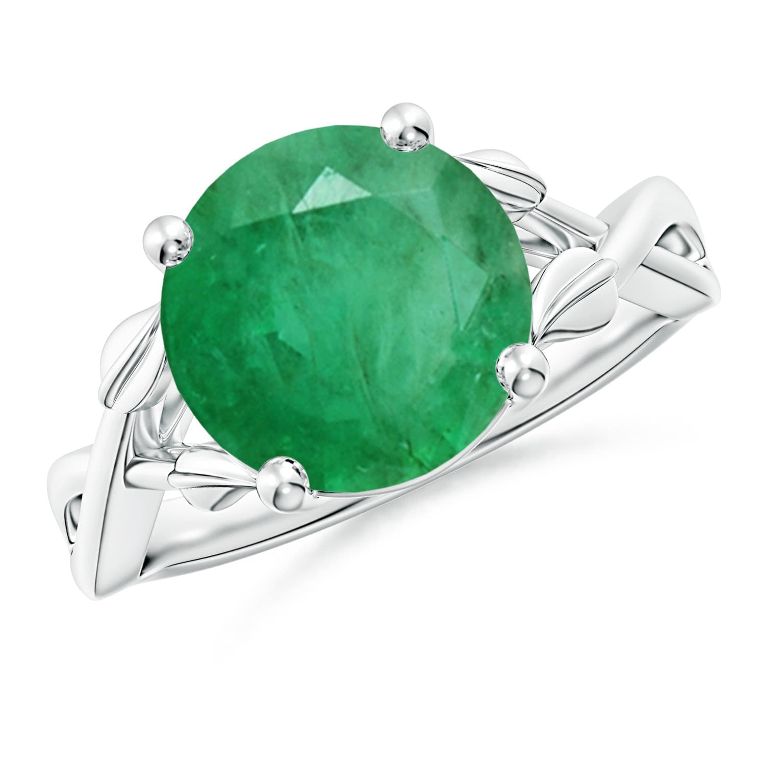 Nature Inspired Emerald Crossover Engagement Ring with Leaf Motifs