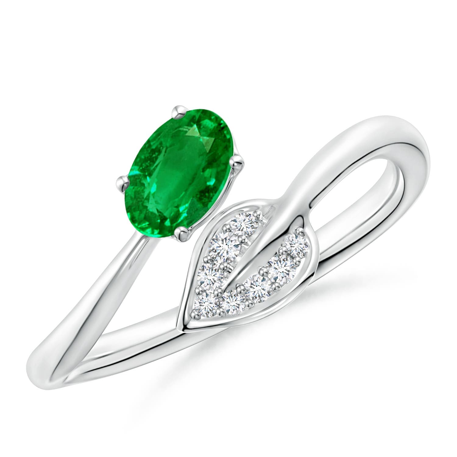 Nature Inspired Emerald Bypass Engagement Ring with Diamond Leaf