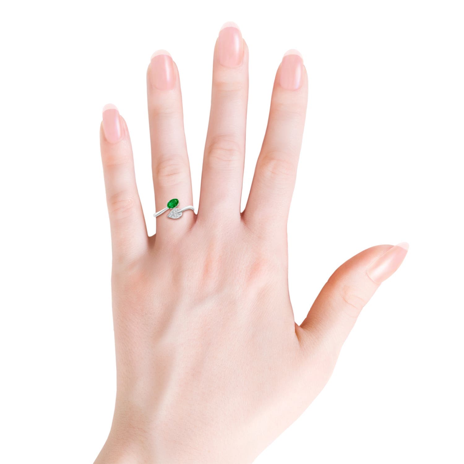 Nature Inspired Emerald Bypass Engagement Ring with Diamond Leaf