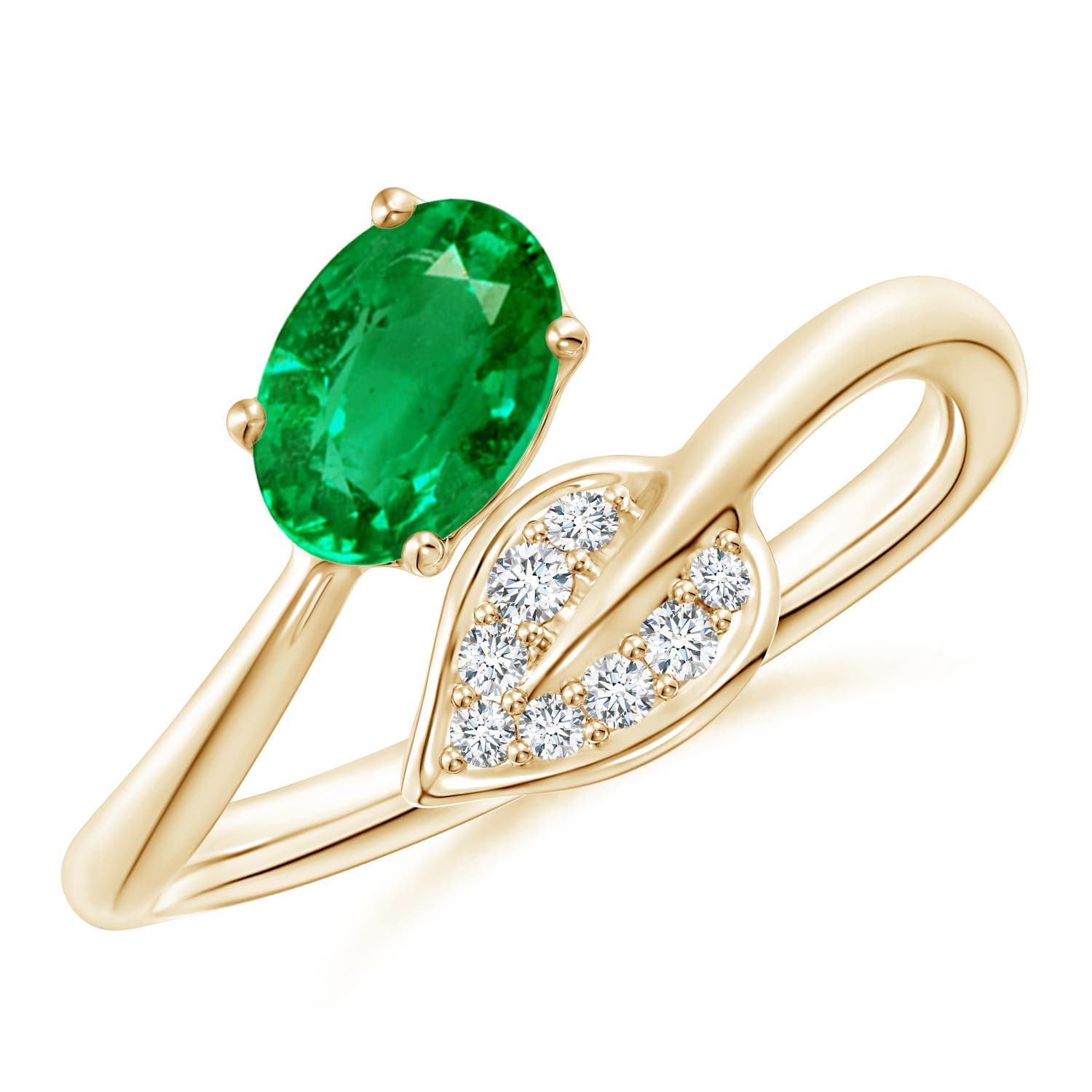 Nature Inspired Emerald Bypass Engagement Ring with Diamond Leaf